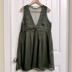 Propaganda Khaki Green Sheet Sleeveless Babydoll Dress with Deep V Neckline. M